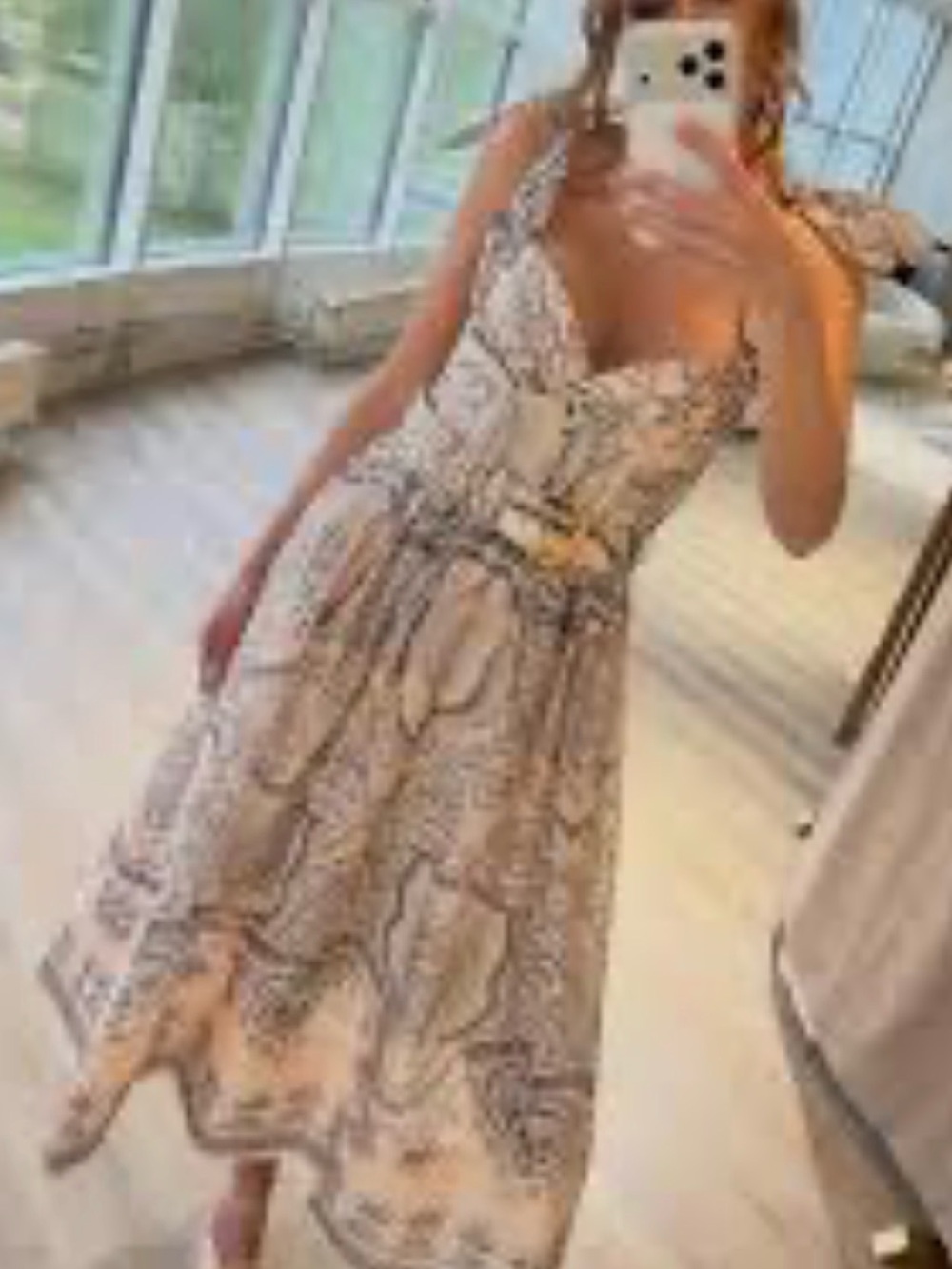 VENICE Paisley-Print V-Neck Midi Dress in Beige